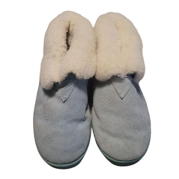RJ's Fuzzies Shoes - RJ's Fuzzies Womens Blue Suede‎ Sheepskin Lined Bootie Slippers 8 Leather Sherpa